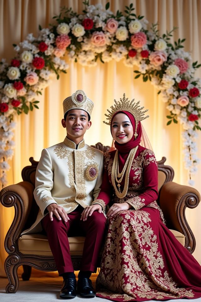 Pasangan pengantin Melayu di atas pelamin yang indah